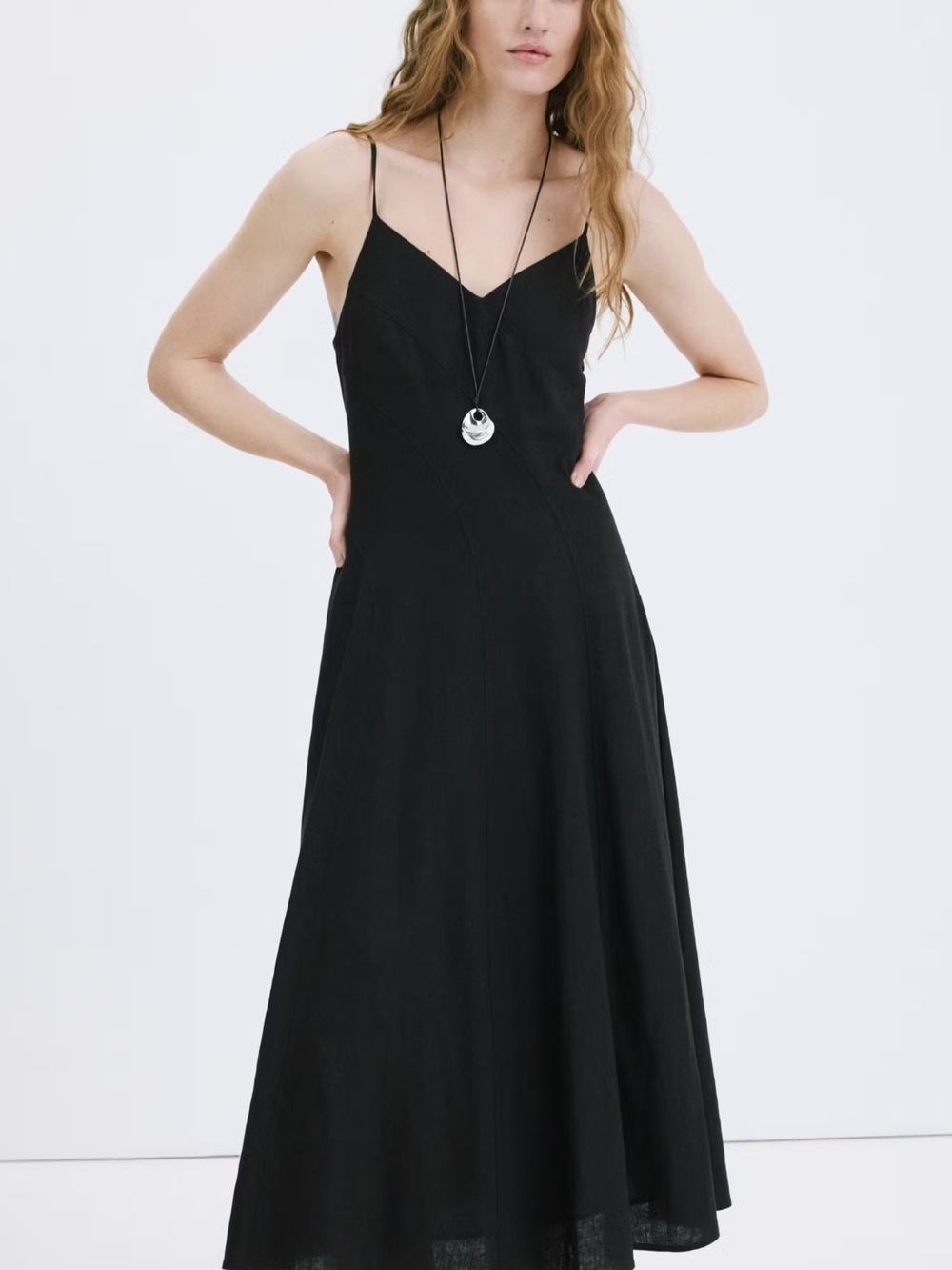 MNG Mango Black Spaghetti-Strap Maxi Dress Linen Small NWT
